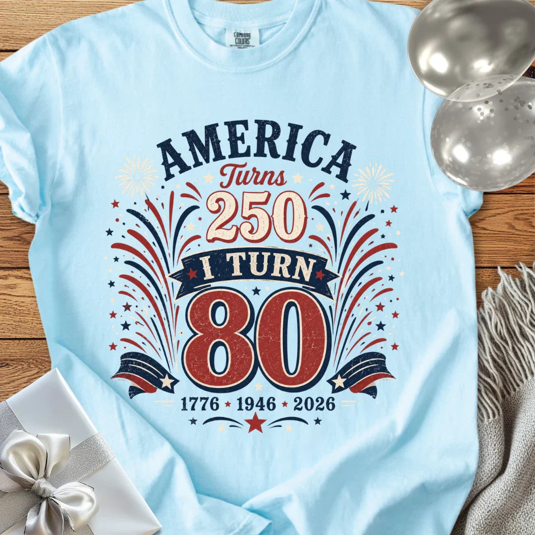 America Turns 250, I Turn 80 - Premium America 250 Birthday T-Shirt
