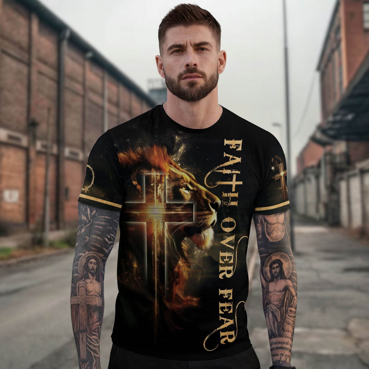 Faith Over Fear Lion and Cross Double-Sided Christian T-Shirt