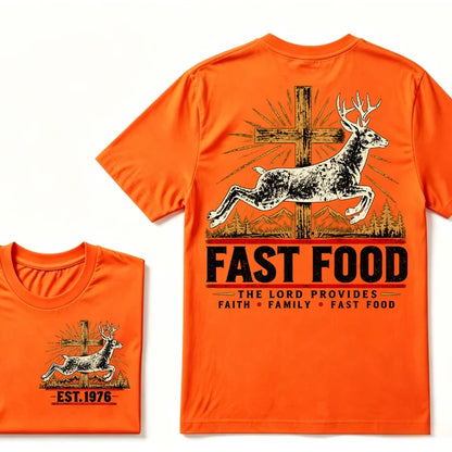 Faith Family Fast Food Deer Hunting T-Shirt, The Lord Provides Vintage Cross EST.Year Hunter Graphic Tee