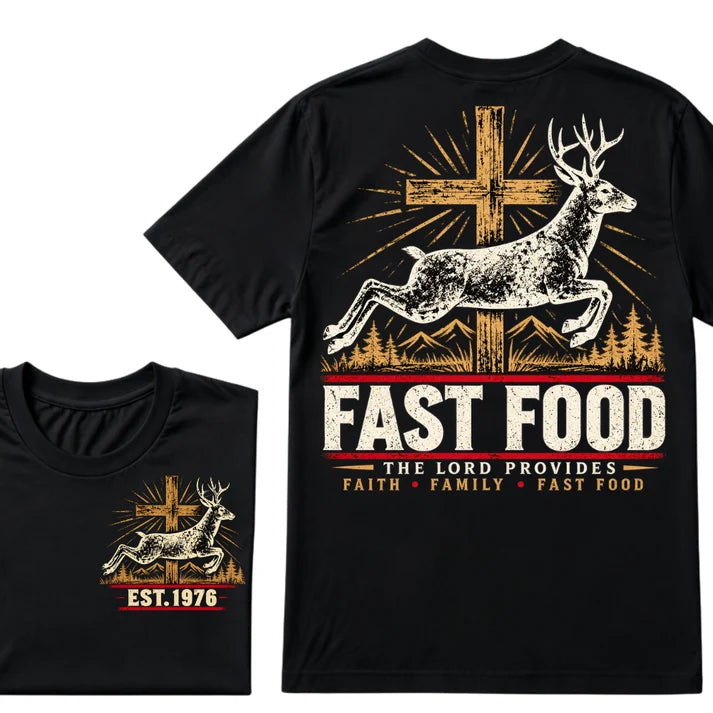 Faith Family Fast Food Deer Hunting T-Shirt, The Lord Provides Vintage Cross EST.Year Hunter Graphic Tee