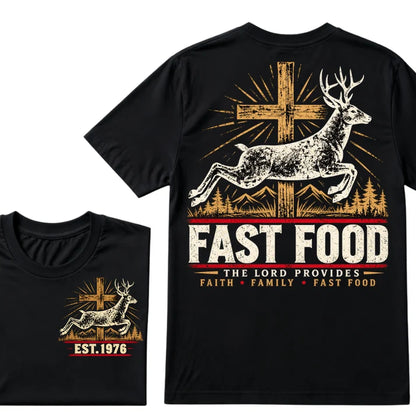 Faith Family Fast Food Deer Hunting T-Shirt, The Lord Provides Vintage Cross EST.Year Hunter Graphic Tee
