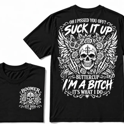 Custom Year Boomer Suck It Up Buttercup Skull Graphic T-Shirt