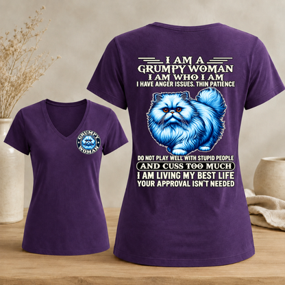 I Am A Grumpy Woman Fluffy Cat shirt,Sarcastic Sayings Graphic Woman's V-neck
