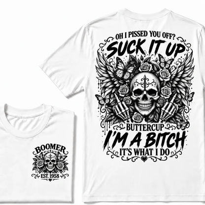 Custom Year Boomer Suck It Up Buttercup Skull Graphic T-Shirt