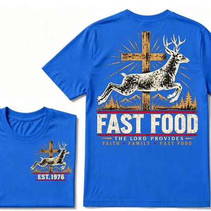 Faith Family Fast Food Deer Hunting T-Shirt, The Lord Provides Vintage Cross EST.Year Hunter Graphic Tee