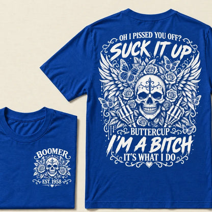 Custom Year Boomer Suck It Up Buttercup Skull Graphic T-Shirt