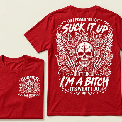 Custom Year Boomer Suck It Up Buttercup Skull Graphic T-Shirt