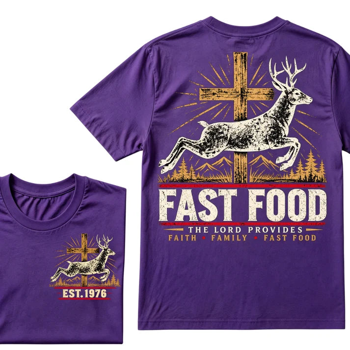 Faith Family Fast Food Deer Hunting T-Shirt, The Lord Provides Vintage Cross EST.Year Hunter Graphic Tee