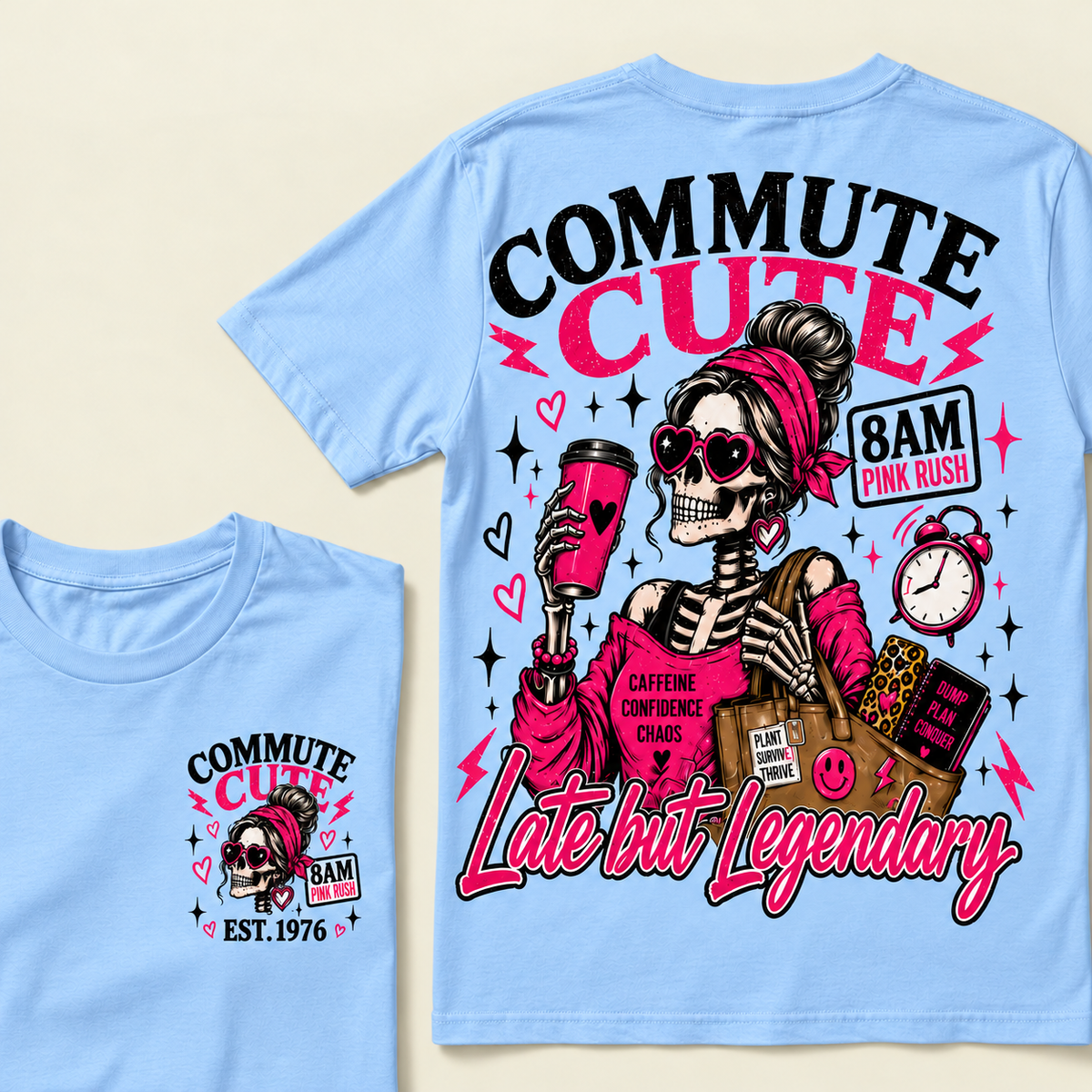 Custom Year Commute Cute 8Am Pink Rush Caffeine Confidence Chaos Plant Survive Thrive Dump Plan Conquer Late But LegendaryT-shirt