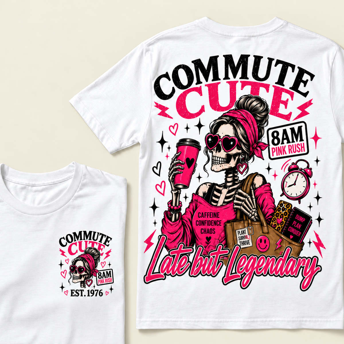 Custom Year Commute Cute 8Am Pink Rush Caffeine Confidence Chaos Plant Survive Thrive Dump Plan Conquer Late But LegendaryT-shirt