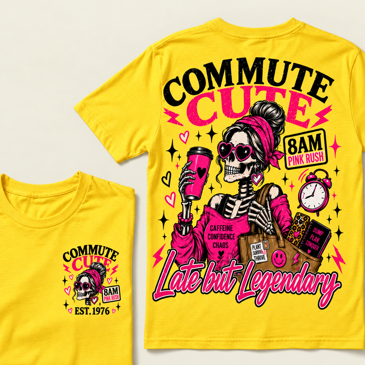 Custom Year Commute Cute 8Am Pink Rush Caffeine Confidence Chaos Plant Survive Thrive Dump Plan Conquer Late But LegendaryT-shirt