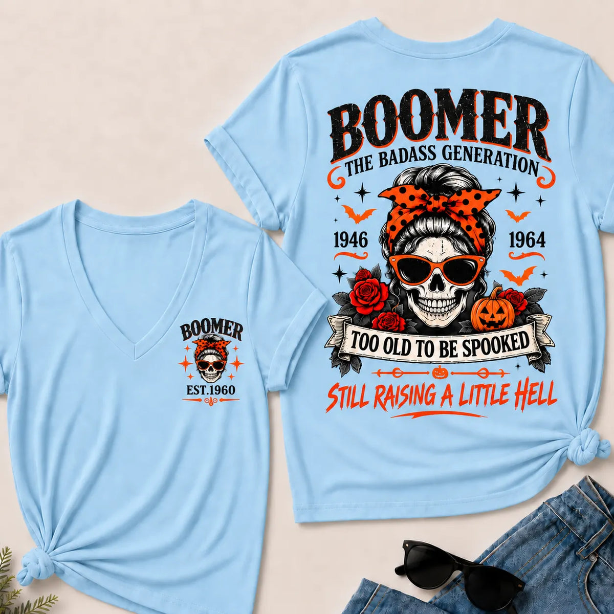 Personalized Boomer Too Old To Be Spooked Halloween V-Neck T-Shirt – Custom Birth Year Skull Tee, The Badass Generation Shirt