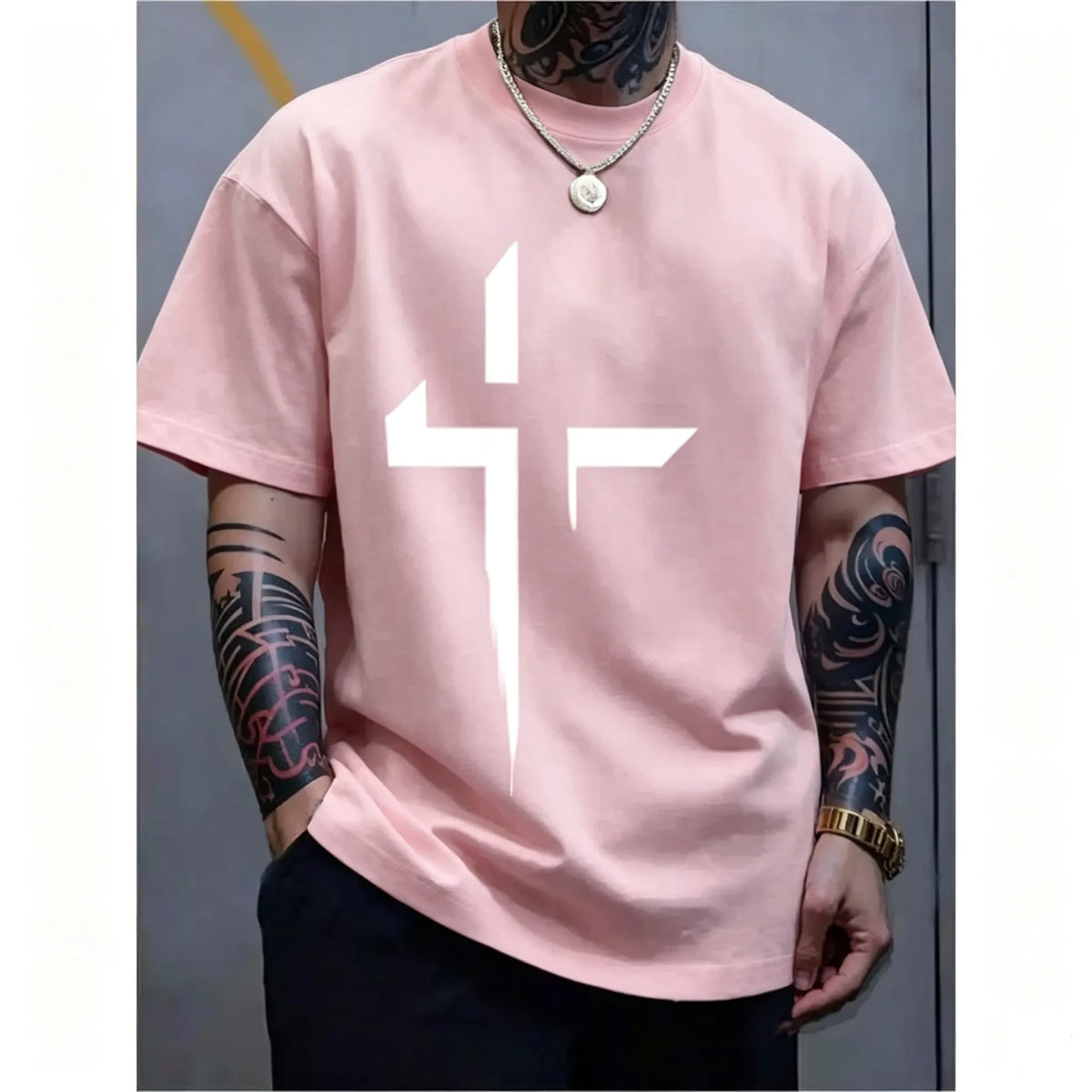 Men-s-Round-Neck-Short-Sleeve-Minimalist-Cross-Print-T-Shirt