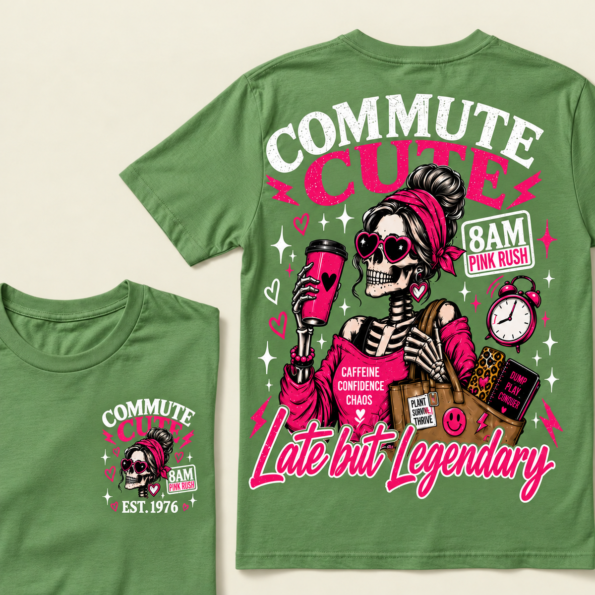 Custom Year Commute Cute 8Am Pink Rush Caffeine Confidence Chaos Plant Survive Thrive Dump Plan Conquer Late But LegendaryT-shirt