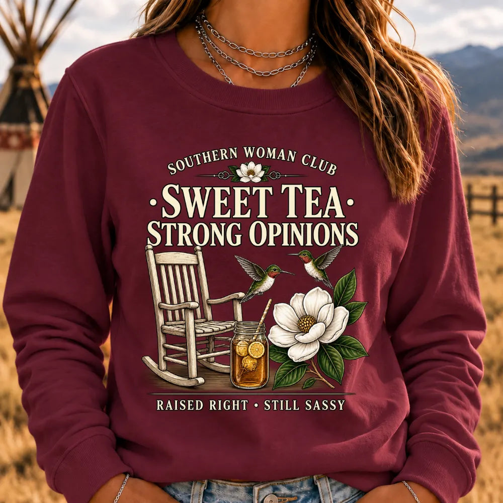 Southern Woman Club – Sweet Tea & Strong Opinions Vintage Sweatshirt