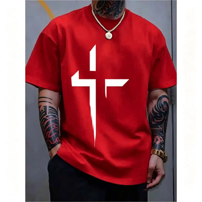 Men-s-Round-Neck-Short-Sleeve-Minimalist-Cross-Print-T-Shirt