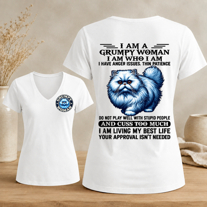 I Am A Grumpy Woman Fluffy Cat shirt,Sarcastic Sayings Graphic Woman's V-neck