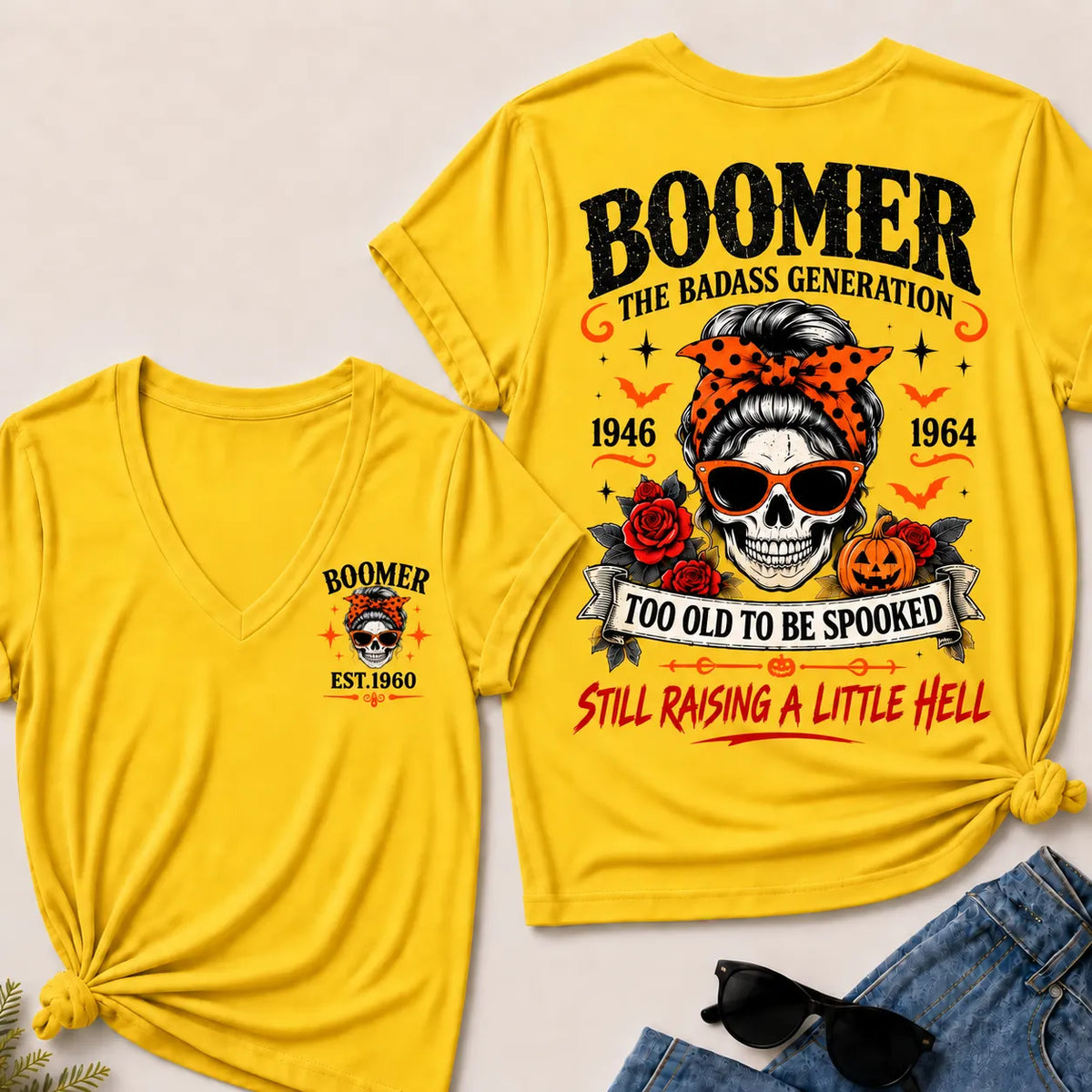 Personalized Boomer Too Old To Be Spooked Halloween V-Neck T-Shirt – Custom Birth Year Skull Tee, The Badass Generation Shirt