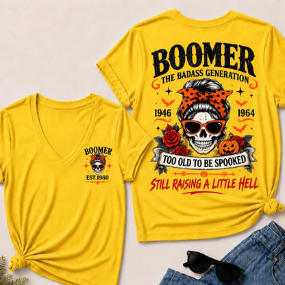 Personalized Boomer Too Old To Be Spooked Halloween V-Neck T-Shirt – Custom Birth Year Skull Tee, The Badass Generation Shirt