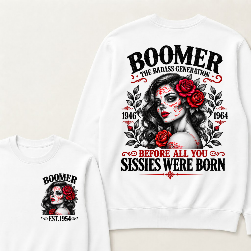 Boomer The Badass Generation EST. Custom Year Sweatshirt Before All You Sissies Were Born Sugar Skull Rose Crewneck