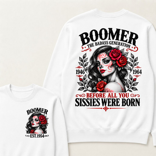 Boomer The Badass Generation EST. Custom Year Sweatshirt Before All You Sissies Were Born Sugar Skull Rose Crewneck