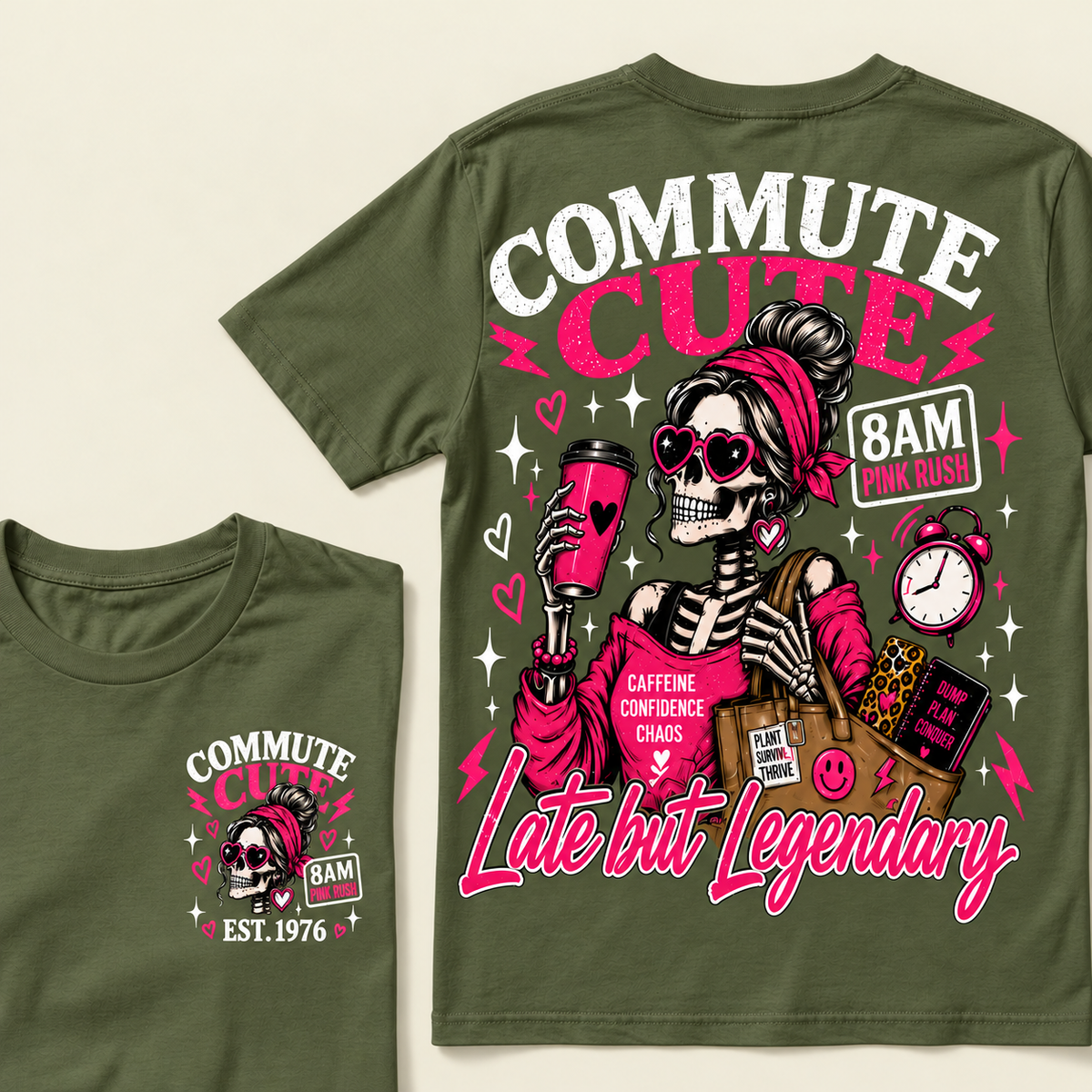 Custom Year Commute Cute 8Am Pink Rush Caffeine Confidence Chaos Plant Survive Thrive Dump Plan Conquer Late But LegendaryT-shirt