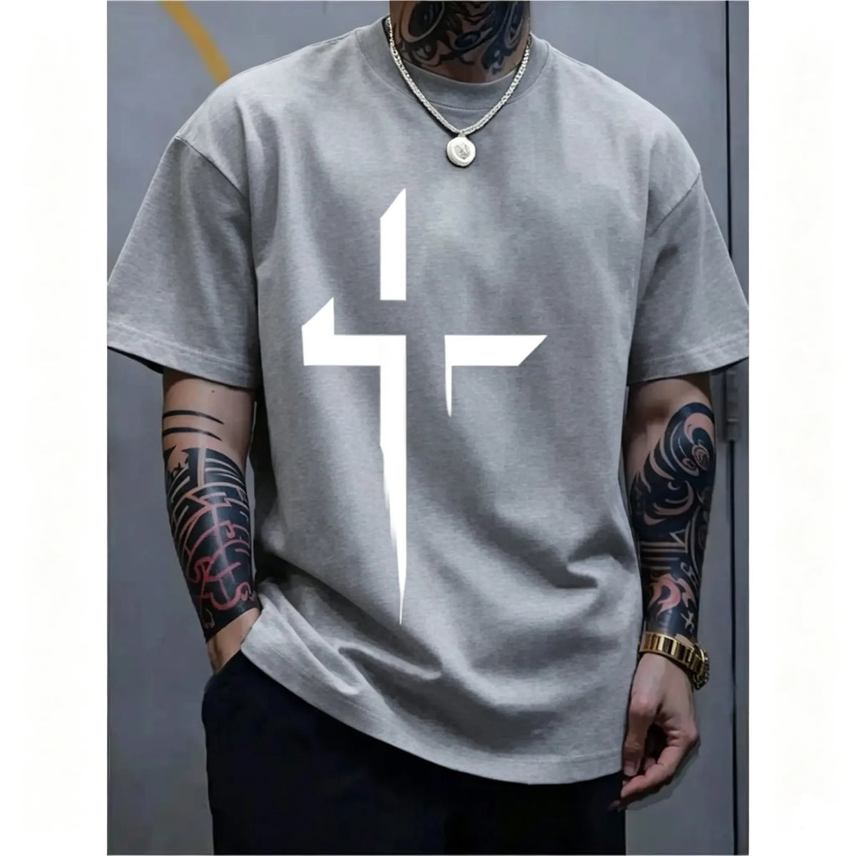 Men-s-Round-Neck-Short-Sleeve-Minimalist-Cross-Print-T-Shirt