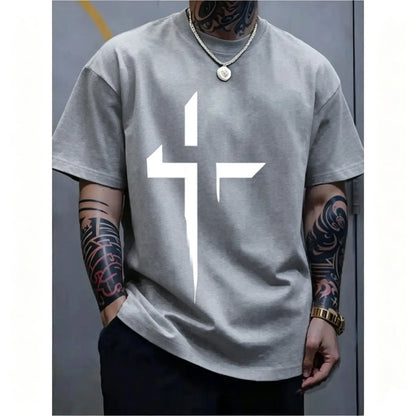 Men-s-Round-Neck-Short-Sleeve-Minimalist-Cross-Print-T-Shirt