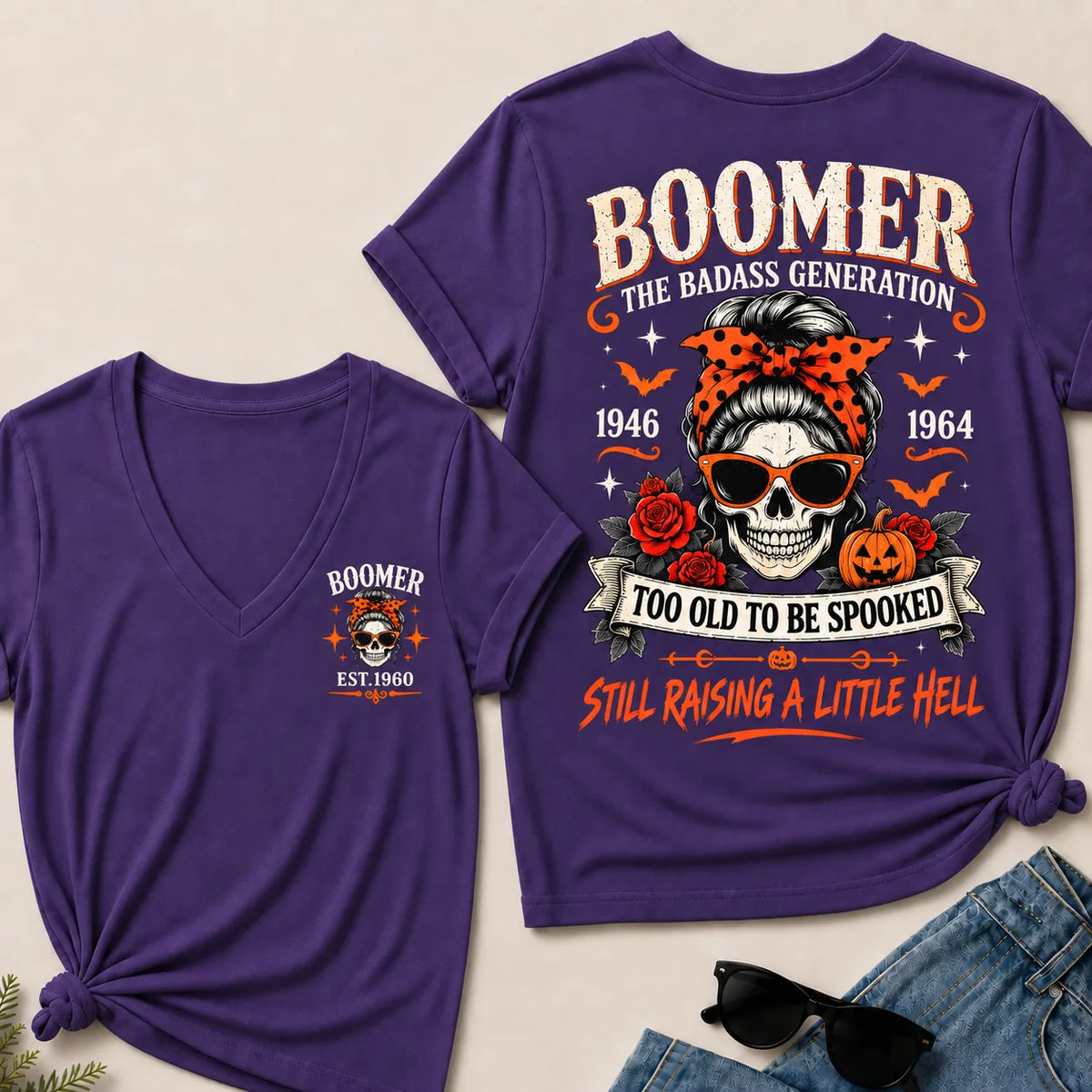 Personalized Boomer Too Old To Be Spooked Halloween V-Neck T-Shirt – Custom Birth Year Skull Tee, The Badass Generation Shirt