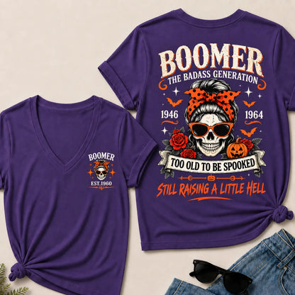 Personalized Boomer Too Old To Be Spooked Halloween V-Neck T-Shirt – Custom Birth Year Skull Tee, The Badass Generation Shirt
