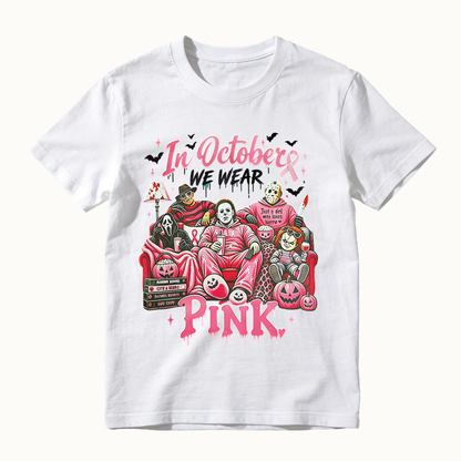 In October We Wear Pink Horror Movie Characters Print Breast Cancer Awareness Graphic T-Shirt