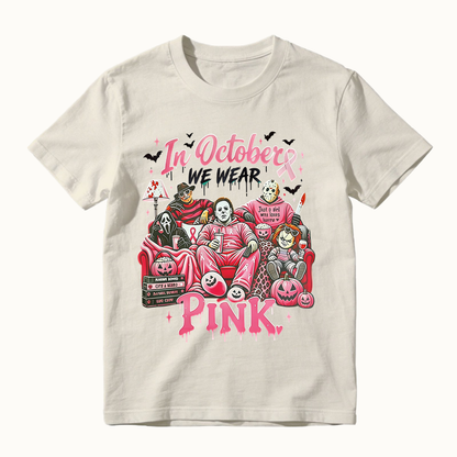 In October We Wear Pink Horror Movie Characters Print Breast Cancer Awareness Graphic T-Shirt