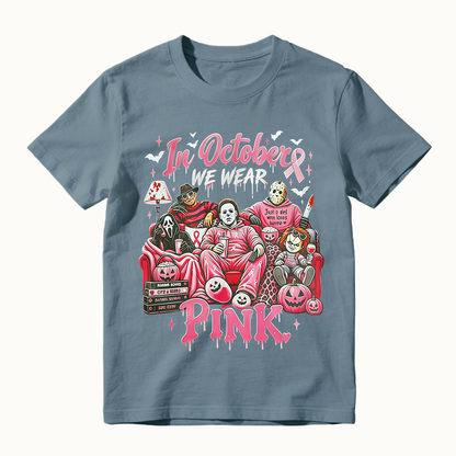 In October We Wear Pink Horror Movie Characters Print Breast Cancer Awareness Graphic T-Shirt