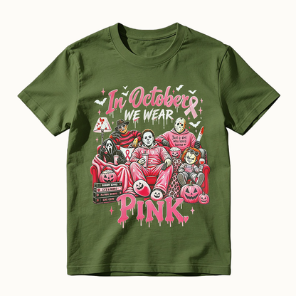 In October We Wear Pink Horror Movie Characters Print Breast Cancer Awareness Graphic T-Shirt