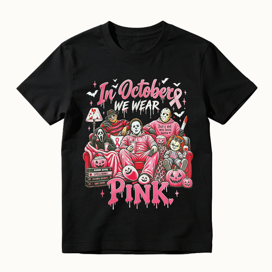 In October We Wear Pink Horror Movie Characters Print Breast Cancer Awareness Graphic T-Shirt