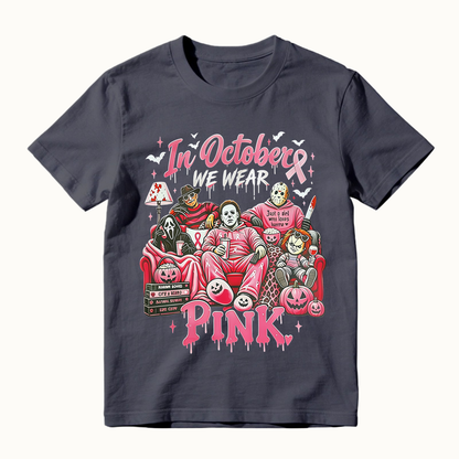 In October We Wear Pink Horror Movie Characters Print Breast Cancer Awareness Graphic T-Shirt