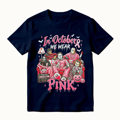 In October We Wear Pink Horror Movie Characters Print Breast Cancer Awareness Graphic T-Shirt