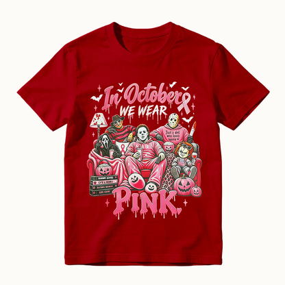 In October We Wear Pink Horror Movie Characters Print Breast Cancer Awareness Graphic T-Shirt