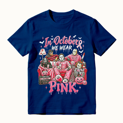 In October We Wear Pink Horror Movie Characters Print Breast Cancer Awareness Graphic T-Shirt