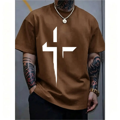 Men-s-Round-Neck-Short-Sleeve-Minimalist-Cross-Print-T-Shirt