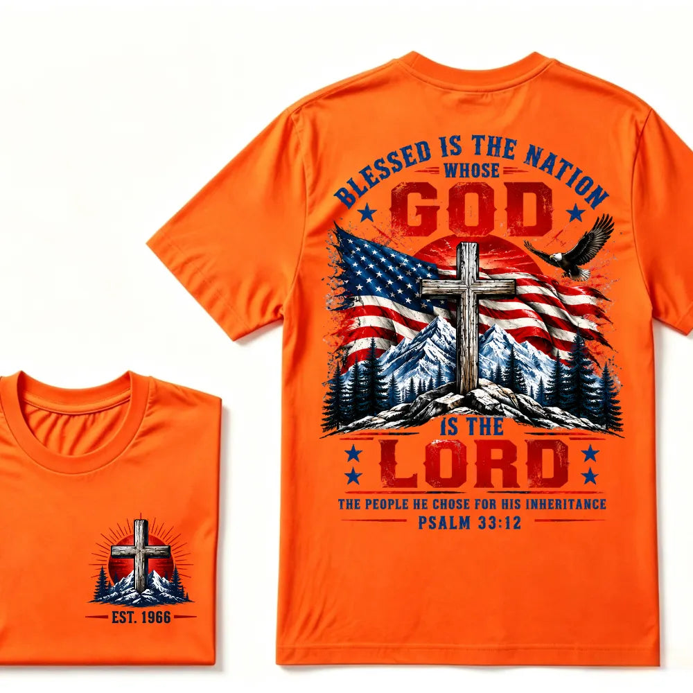 Blessed Is The Nation Whose God Is The Lord Psalm 33:12 EST.Year Patriotic Christian USA Flag EagleT-Shirt