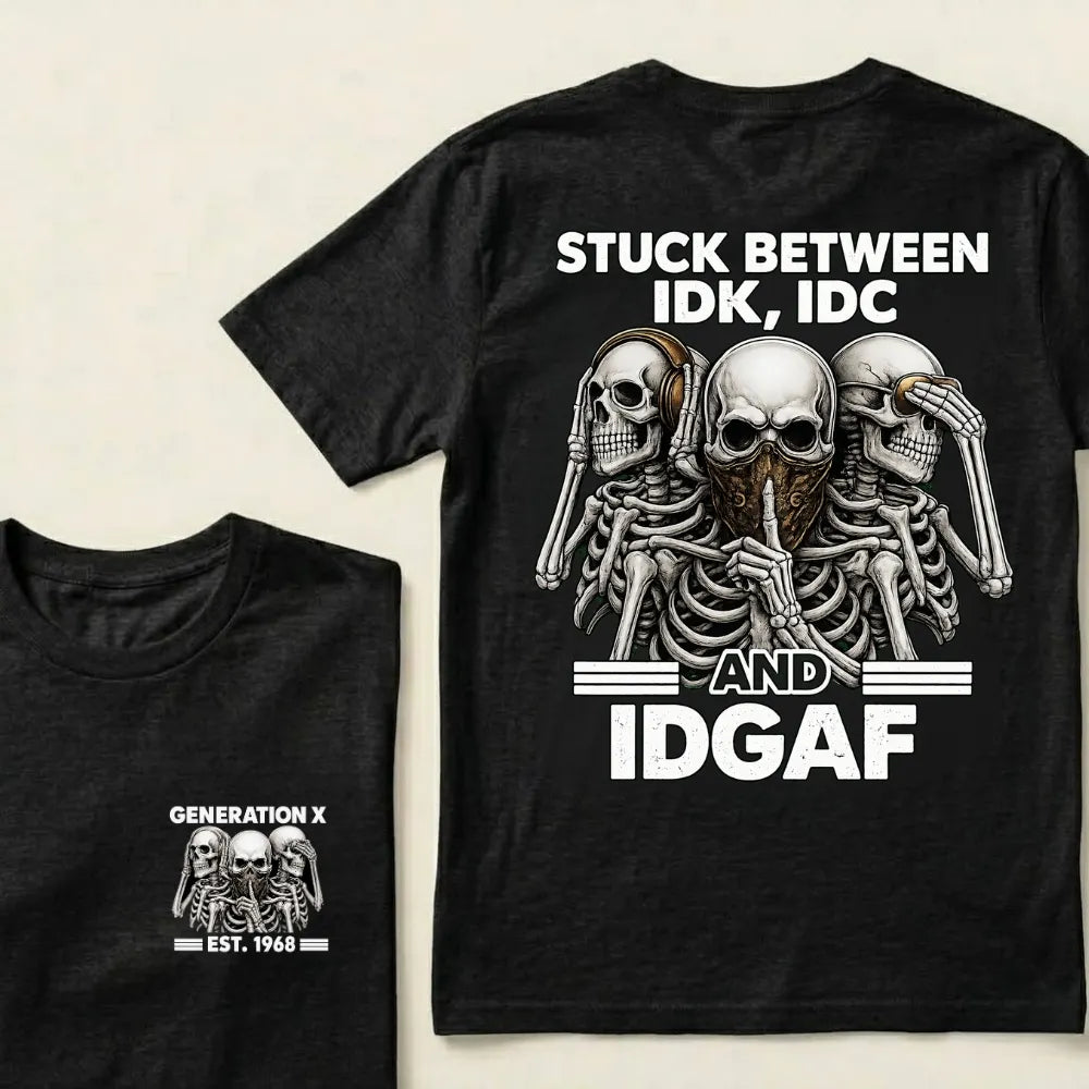 Custom EST.Year GENERATION X STUCK BETWEEN IDK, IDC AND IDGAF Skeletons Graphic T-Shirt