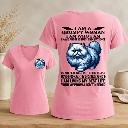 I Am A Grumpy Woman Fluffy Cat shirt,Sarcastic Sayings Graphic Woman's V-neck