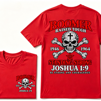 Boomer Raised Tough T-Shirt – 1946–1964 Joshua 1:9 Skull & Cross Graphic Tee