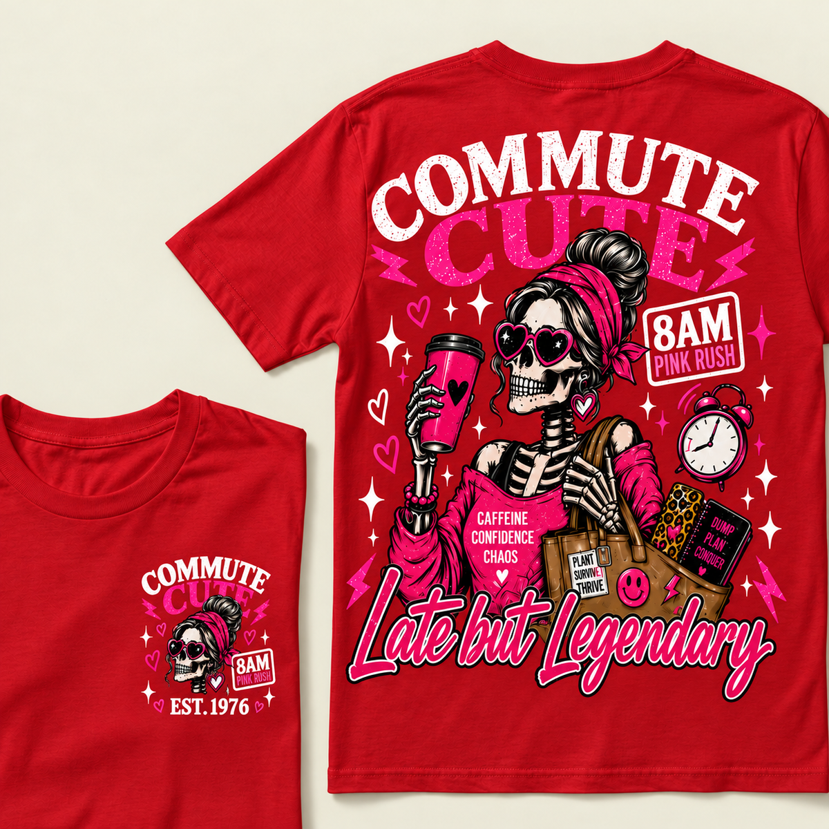 Custom Year Commute Cute 8Am Pink Rush Caffeine Confidence Chaos Plant Survive Thrive Dump Plan Conquer Late But LegendaryT-shirt