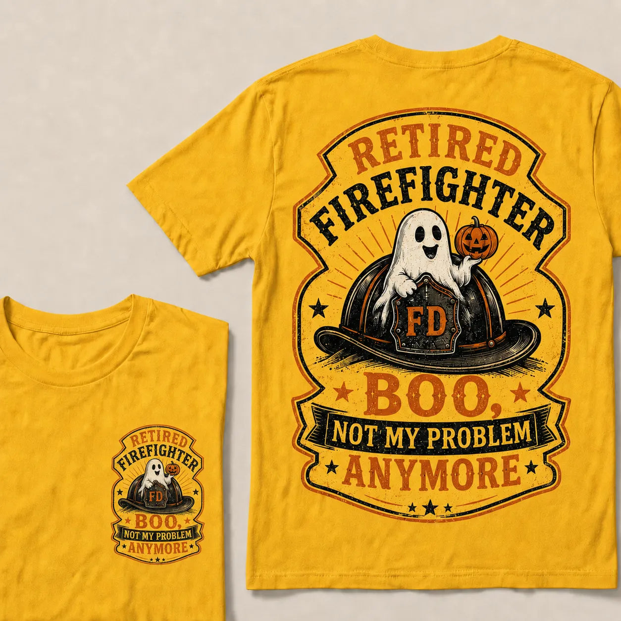 Retired Firefighter Halloween T-Shirt – Funny Boo Not My Problem Anymore Graphic Tee, Firefighter Retirement Gift