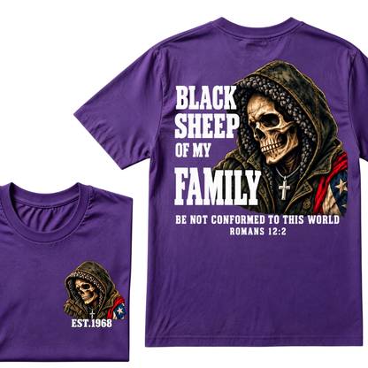 Black Sheep Of My Family Romans 12:2 Bible Verse Skull Hooded EAT.Year T-Shirt, Christian Patriotic Tee