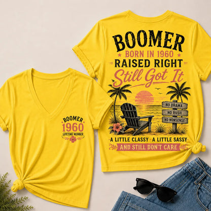 Custom Year Boomer – Born in 1960. Raised Right. Still Got It. V-Neck Tee