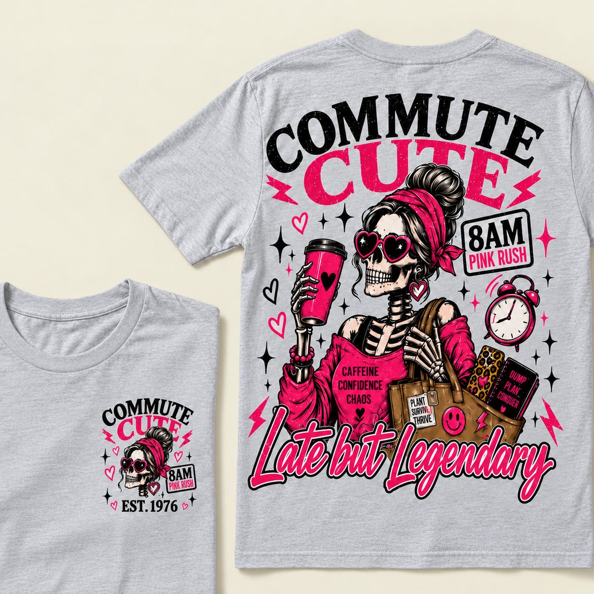 Custom Year Commute Cute 8Am Pink Rush Caffeine Confidence Chaos Plant Survive Thrive Dump Plan Conquer Late But LegendaryT-shirt