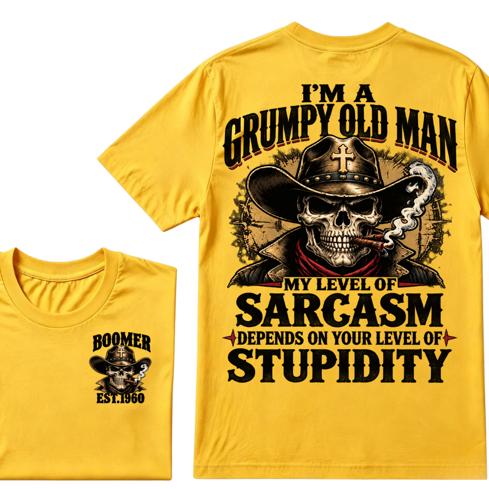 Custom EST.Year I'm A Grumpy Old Man My Level Of Sarcasm Depends On Your Level Of Stupidity Vintage Graphic T-Shirt